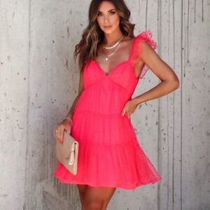 Lush NWT Hot Pink Swiss Dot Tulle Tiered Mini Dress Ruffle Tie Straps Size S